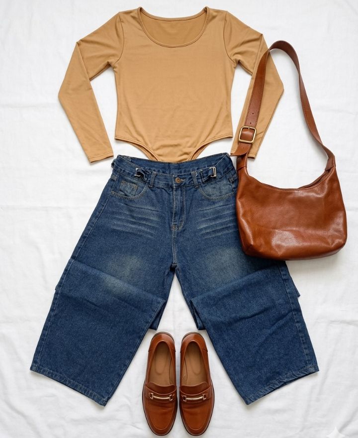 Jeans de pierna ancha con sweater de punto camel, mocasines marrones y cartera marrón