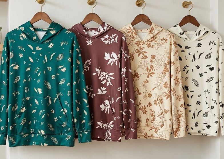 Perchero con prendas y blusas estampadas