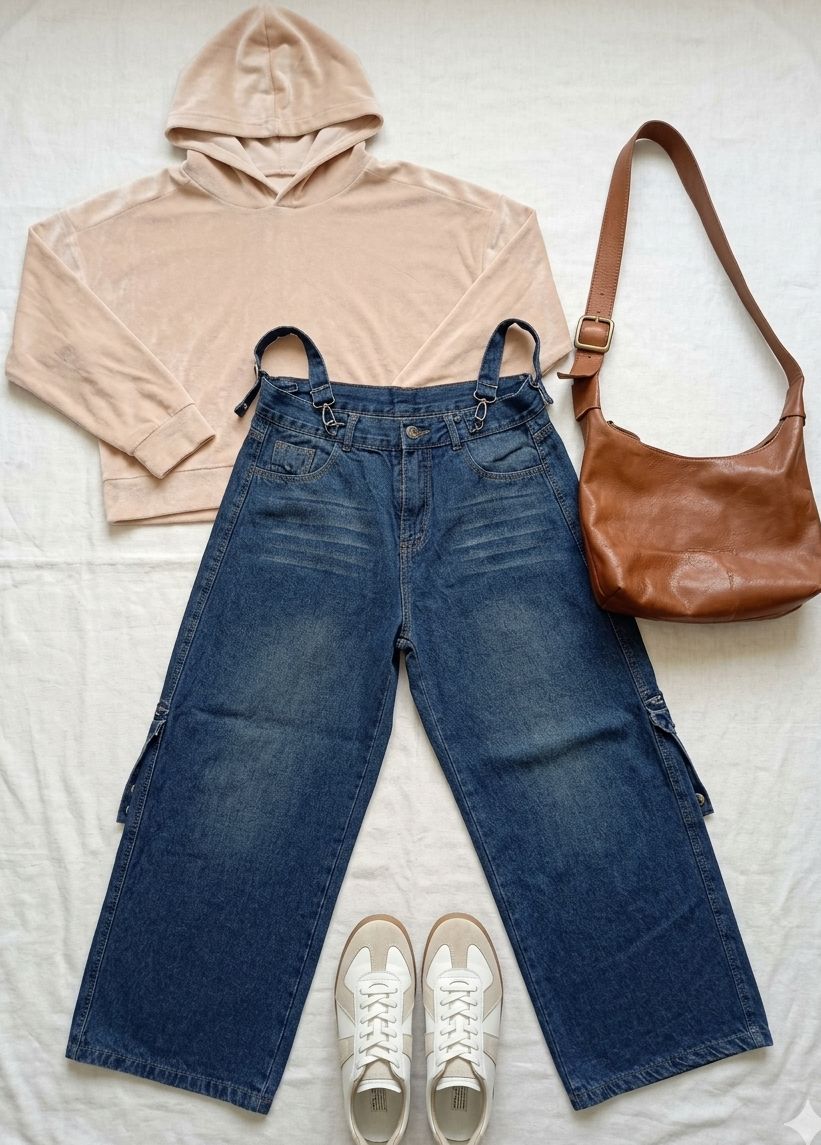 Buzo hoodie beige/arena sobre jeans anchos con zapatillas blancas
