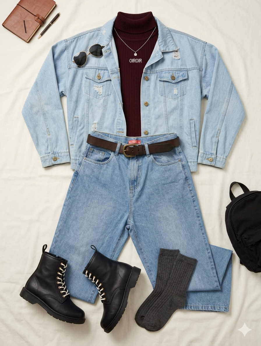 Campera de jean con sweater burdeos, jeans, medias grises, botas negras y mochila